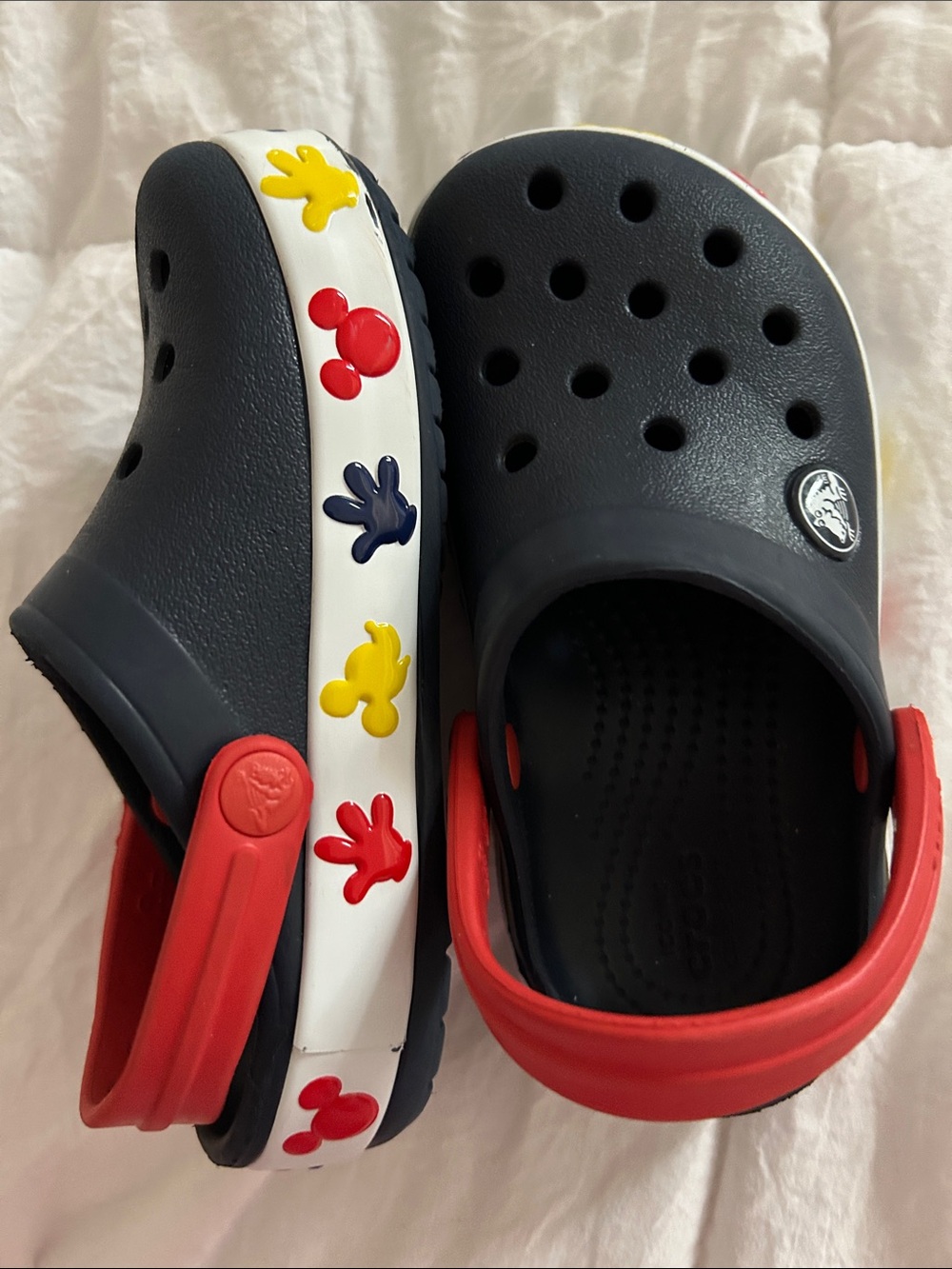 CROCS Kids Navy Clogs with Red Strap and Multicolor Mickey Accents Boys Size 9